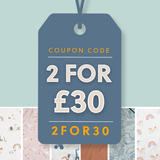 Blue tag with "2 FOR £30" coupon code over a collage of baby bedding with animal and rainbow patterns.