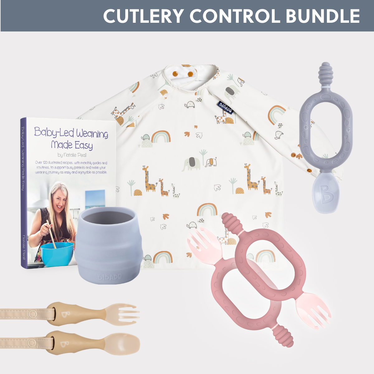 White long-sleeve bib with safari animals, gray silicone cup, pink and beige toddler forks, gray teether, and a weaning book. - Product image