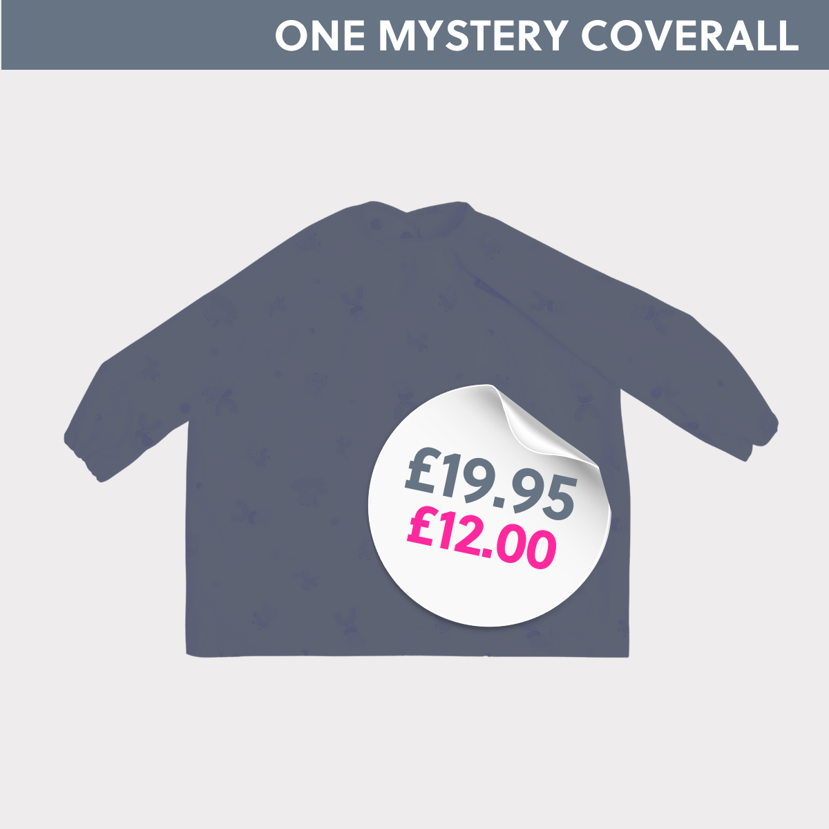 Dark grey long-sleeved coverall weaning bib with subtle pattern and a white sticker showing £19.95 crossed out, now £12.00. - Product image