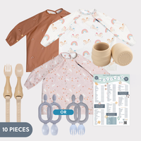 Mama Bear weaning bundle with 3 long-sleeve bibs (brown, unicorn, floral), 2 beige cups, beige cutlery, gray Dippit/Sporkit, and a weaning chart. - Product image