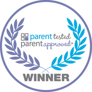 Parent Tested Parent Approved Winner seal with purple and blue laurel wreaths.