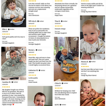 A collage of six product reviews with photos of happy babies using bibs, overalls, and feeding sets.