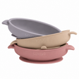 Set of three silicone bowls in gray, beige, and pink on a white background