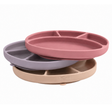 Three silicone plates in mist, blush, and fawn on a white background