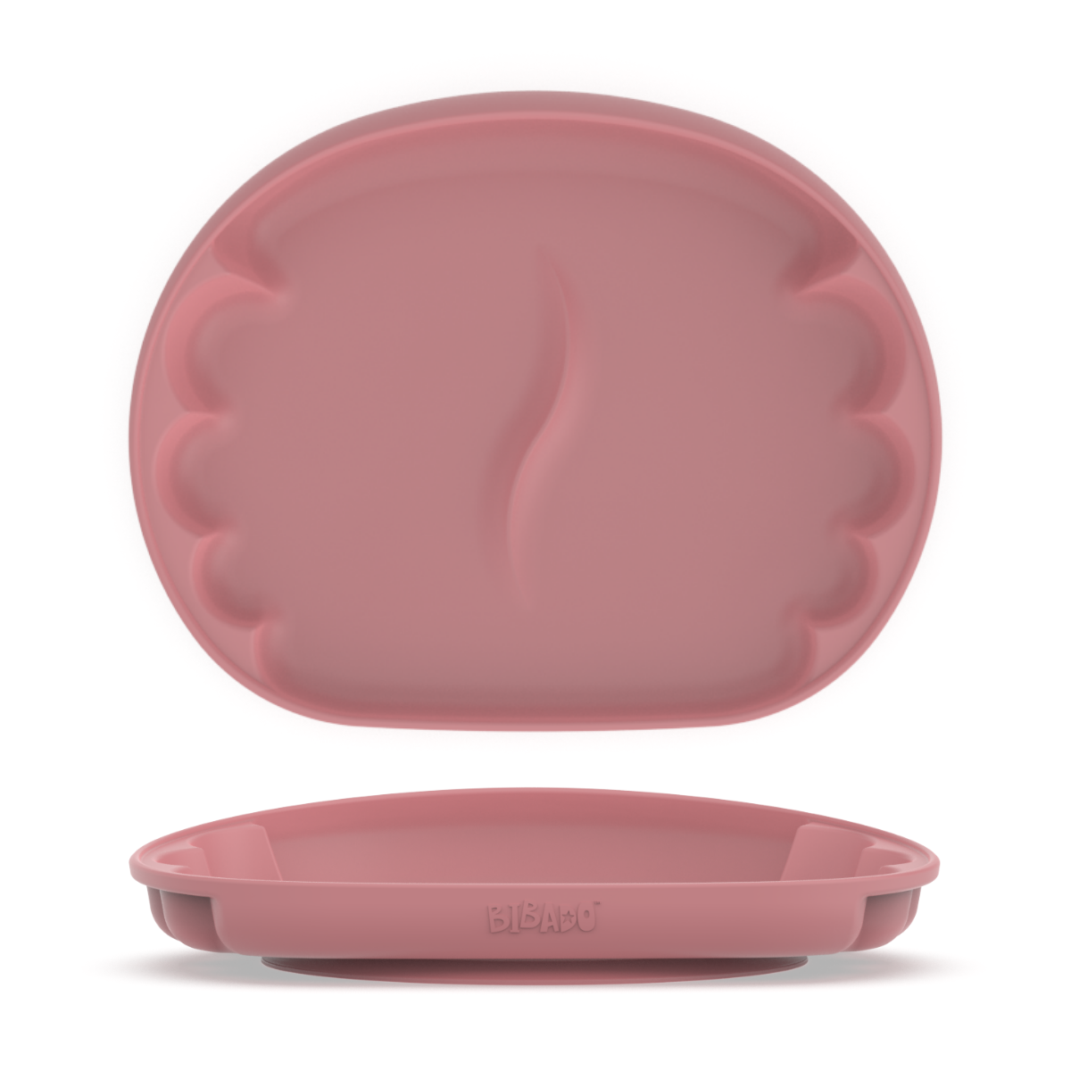 A dark pink silicone baby weaning plate shown in two views: a top-down view displaying the scalloped rim and middle divider, and a side profile view showing the base with the embossed brand name 'BIBADO'. - Product image
