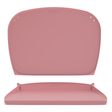 A pink silicone baby feeding mat shown in two views: a top-down view showing the mat rolled flat with side poppers and a front view at the bottom, showing the poppers closed and sides up, on a plain white background.