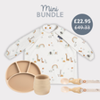 Safari-print long-sleeve bib, beige silicone divided plate, cup, and matching spoon and fork set.