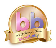 Bronze Bizziebaby 2023 award logo with "bb" in pink and purple, on a gold medal and ribbon.