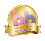 Gold Bizziebaby 2023 Gold Award logo with pink and purple 'bb' letters on a shiny gold medal and ribbon.