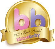 Gold medal with "bb" in pink and purple, "2021 Gold Award" and "bizziebaby" on a ribbon.