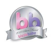 Silver Bizziebaby 2023 Silver Award logo with pink and purple "bb" initials on a metallic badge.