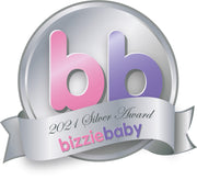 Silver Bizziebaby 2021 Silver Award logo with pink and purple "bb" letters and a ribbon.