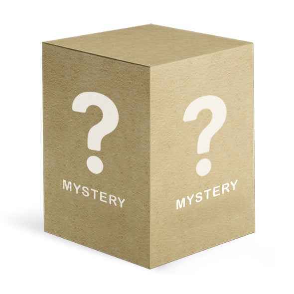 Brown cardboard mystery box with white question marks and "MYSTERY" text on two visible sides. - Product image