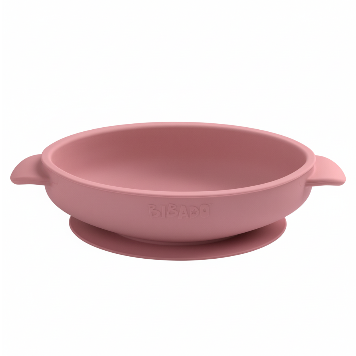 Pink silicone suction bowl with handles and "BIBADO" logo, designed for baby feeding. - Product image