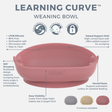 A pink Weaning Bowl on a white background with feature callouts, icons, and colour swatches. The image highlights features like LFGB Silicone, BPA Free, dishwasher safe, and raised support wall, with three colour options shown at the bottom.