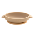 Beige silicone suction bowl with handles and "BIBADO" logo, designed for baby feeding.