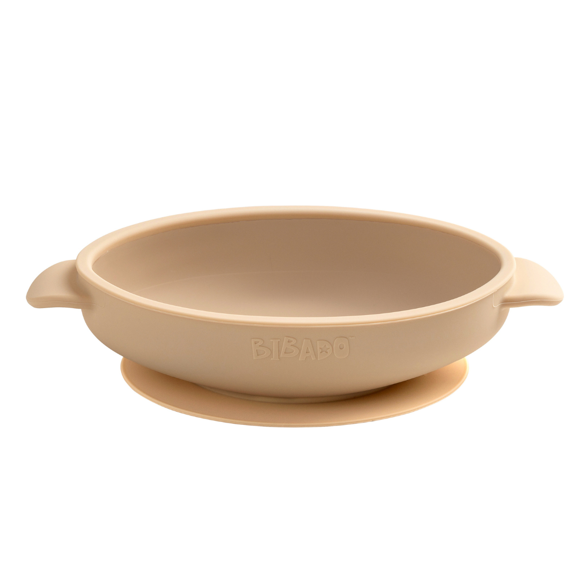 Beige silicone suction bowl with handles and "BIBADO" logo, designed for baby feeding. - Product image